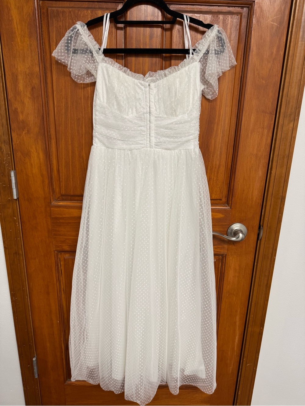 Lulus White Polka Dot Tulle Midi Dress M Square Neck Flutter Sleeve Zip - Picture 7 of 13